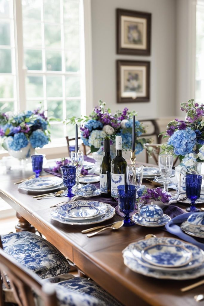 Jewel tones are a way to add vibrant color to your table. On this table, deep blue tones evoke a sapphire blue elegance for Mother's Day and, in combination with sparkling stemware, ensure a royal dining experience.