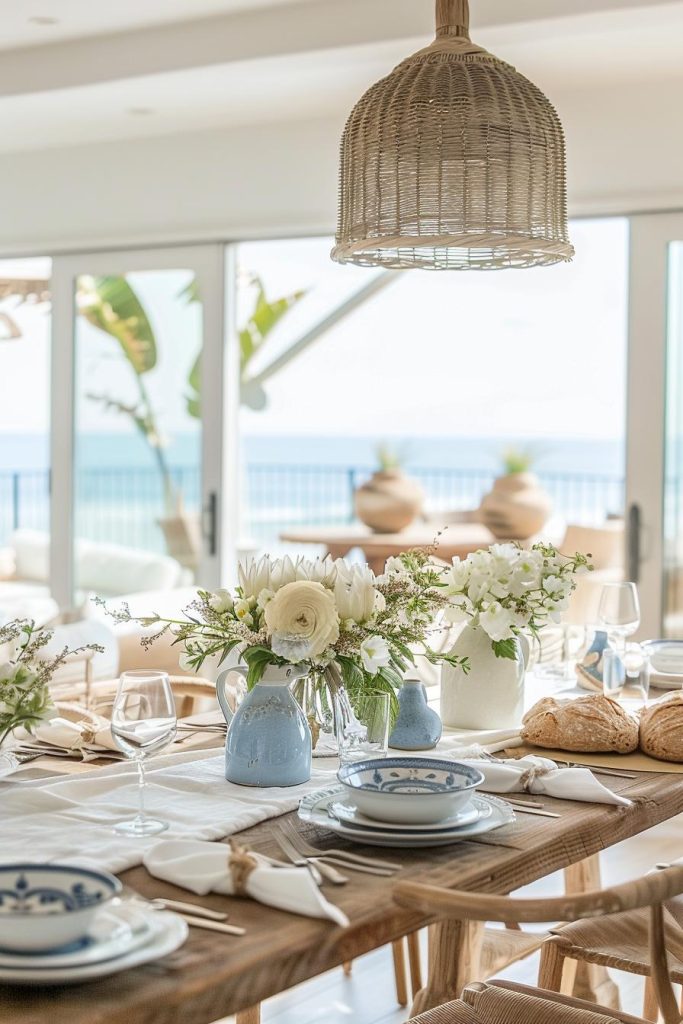 If your mom loves the beach, opt for coastal chic like this table that's as serene as a morning by the sea. This Mother's Day table reflects the coastal palette of sand and sea, blending harmoniously with the sound of waves in the distance.