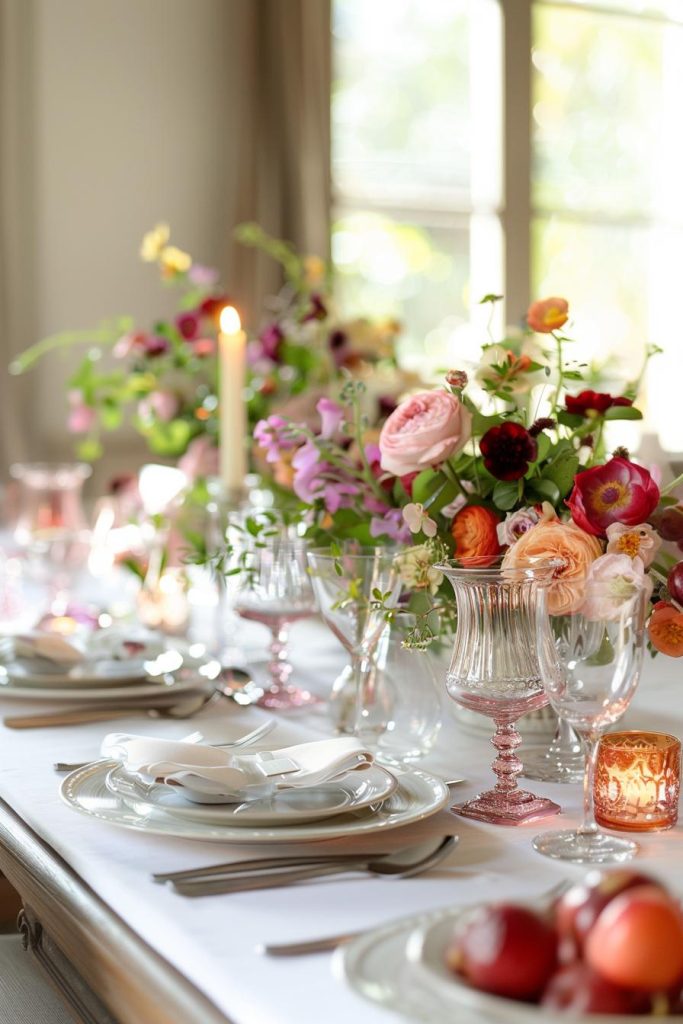 Splashes of beautiful berry tones add a blush touch to a Mother's Day table and weave together with delicate glassware for a sweet symphony of color.