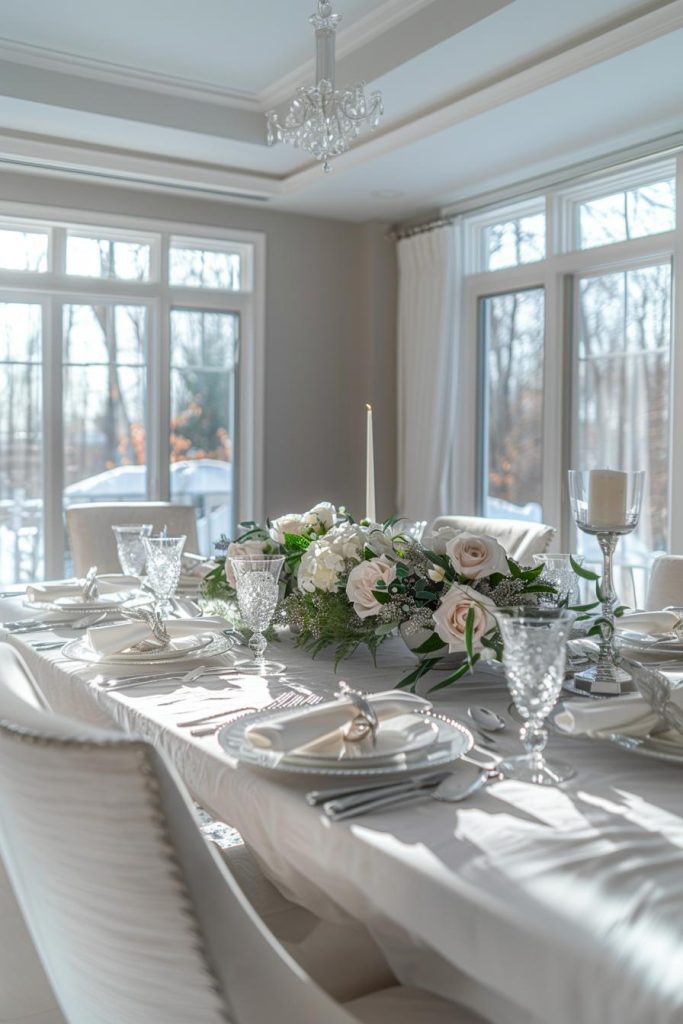 If you prefer a table in cool tones, opt for silver instead of gold. This silver theme reflects elegance on a Mother's Day table, as elegant cutlery and dove gray accents create a tableau of understated opulence.