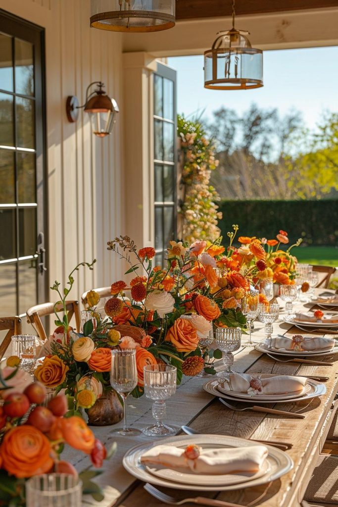 An outdoor Mother's Day indulges in an autumnal array of oranges, browns and golds, celebrating the colors of a bountiful harvest and bringing mom's favorite season into May before the leaves even fall.