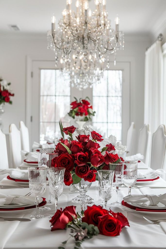 A Mother's Day table is serenaded in scarlet, where ruby ​​accents and beautiful red roses create a passionate display against <a href=