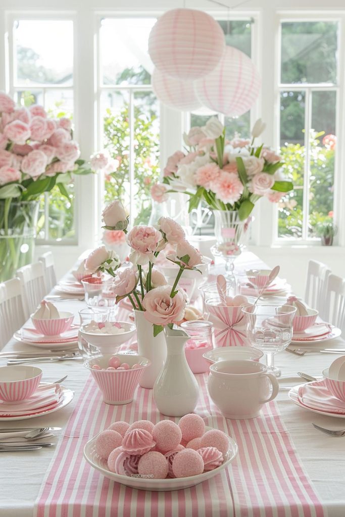 Stripes in pink and white candy tones sweeten the Mother's Day table and <a href=