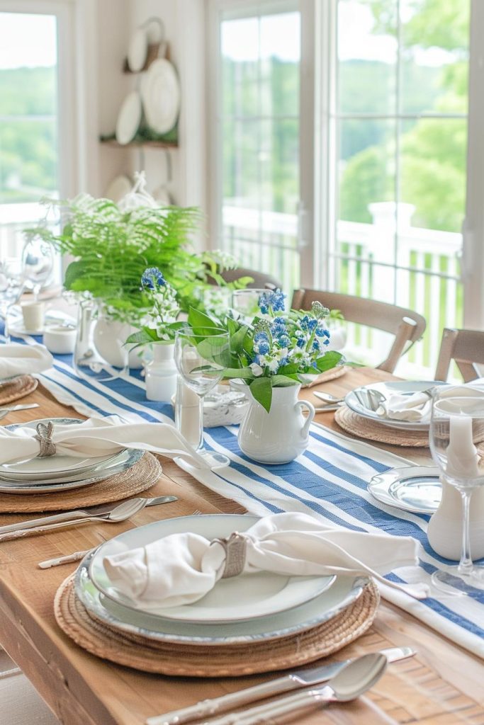 Nautical nods arrive at the Mother's Day table, where blue and white stripes anchor a nautical feast for Captain Mom and her crew.