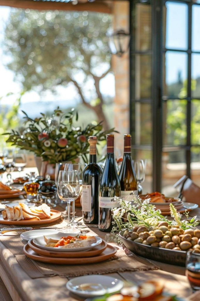 A table under the Tuscan sun sets the scene for Mother's Day, where earthy tones and rustic textures invite family stories and laughter. To complete the Italian feeling, wine bottles and bowls with olives and crostini are placed on the table.