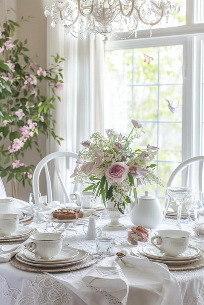 Whimsical touches like fairytale decorations flutter between pristine white dishes, creating an imaginative Mother's Day backdrop that's as light as a feather.