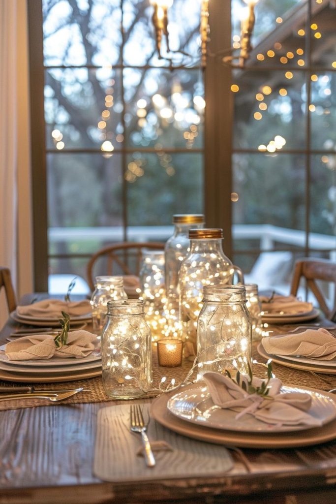 As evening falls, soft light casts an enchanting glow on a Mother's Day table decorated in luxurious hues and rich textures. Glass preserving jars filled with sparkling fairy lights create an enchanting effect.