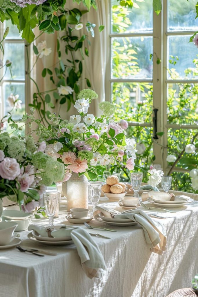 A table set in a garden full of flowers brings nature indoors for Mother's Day, with a color scheme as fresh and vibrant as the spring air.