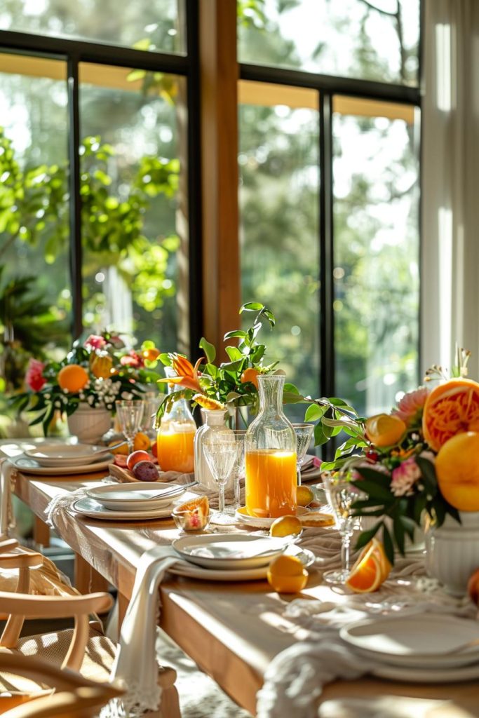 Oranges, lemons, and limes become a sensation on a Mother's Day table that's as refreshing as a glass of homemade citrus punch. Decorations include jugs of fresh fruit juice, which skilfully fit the theme.