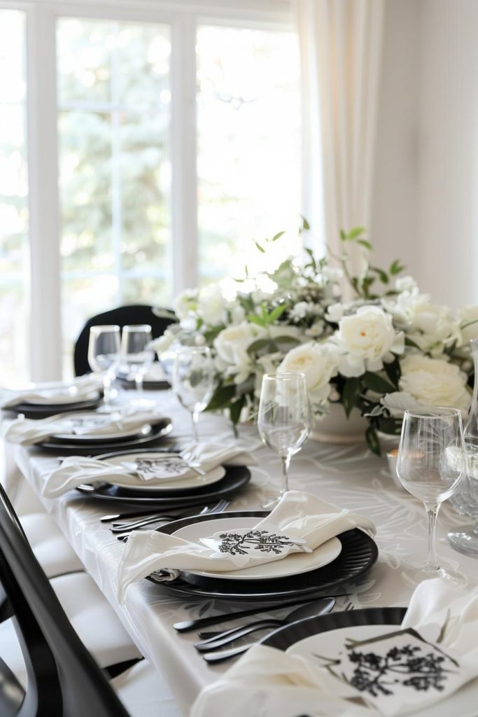 A monochrome color scheme works magic on a Mother's Day table setting, proving that sometimes simplicity can be strikingly beautiful.