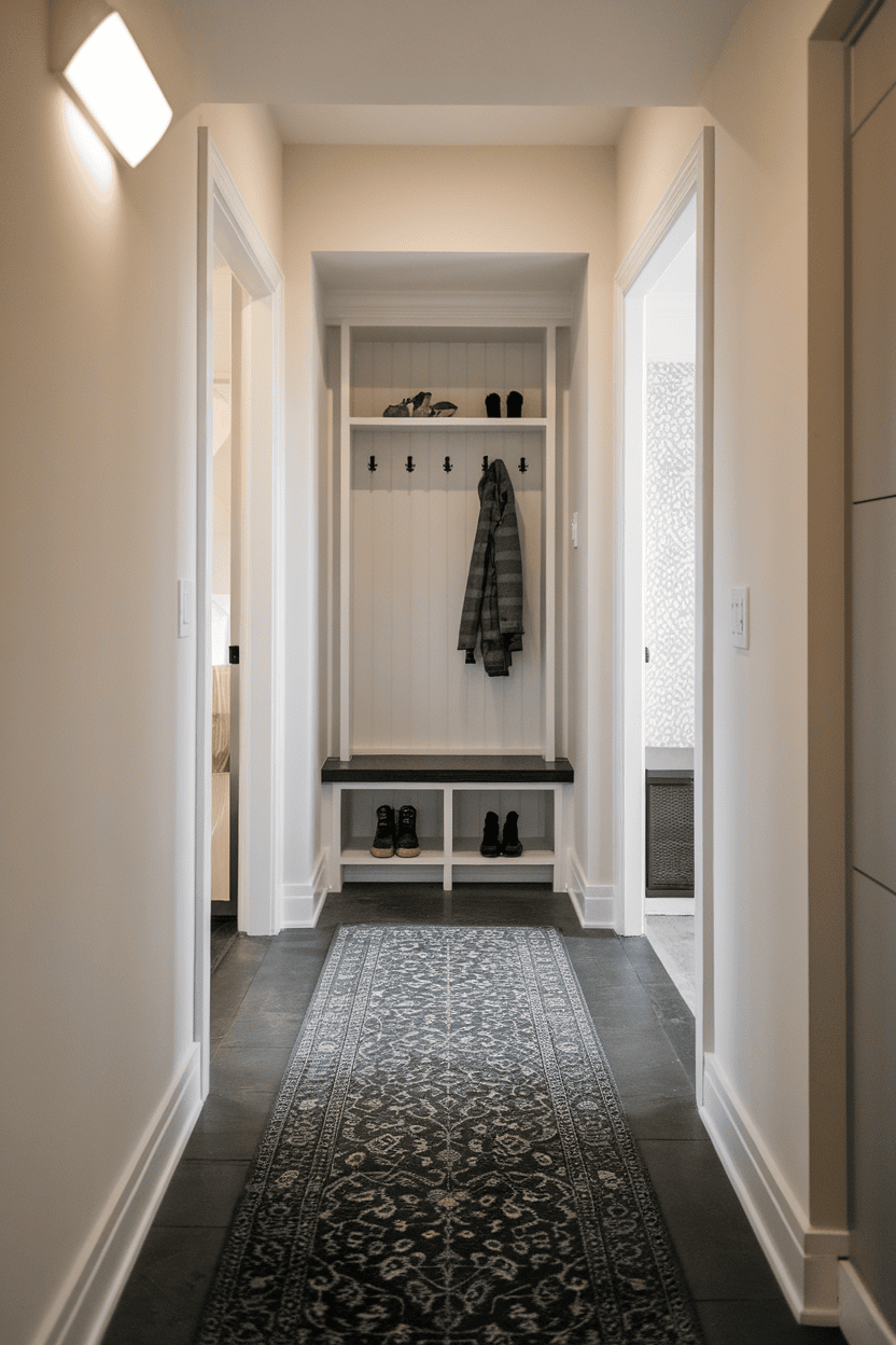 A stylish mudroom entryway with a long rug runner, hooks for coats and a bench with storage.