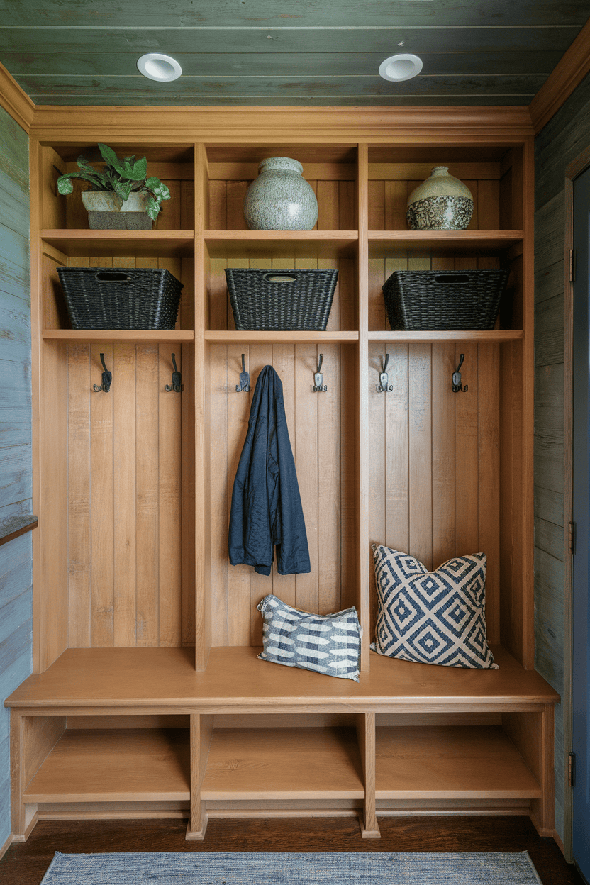 A cozy mudroom entryway with floating shelves, hooks for coats, and a bench.