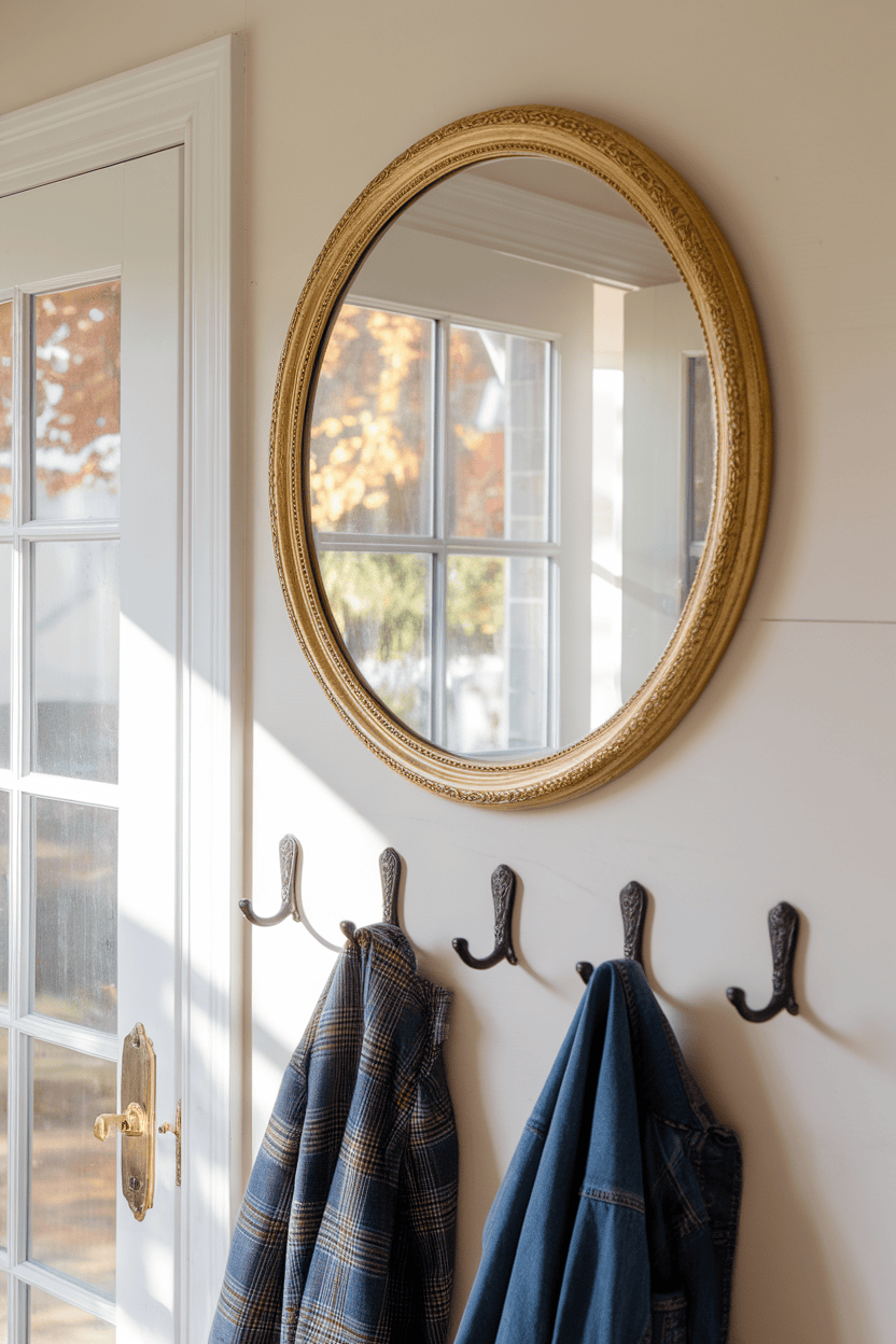 A cozy bathroom with a round mirror with a gold frame and coat hooks on the wall with jackets hanging on them.