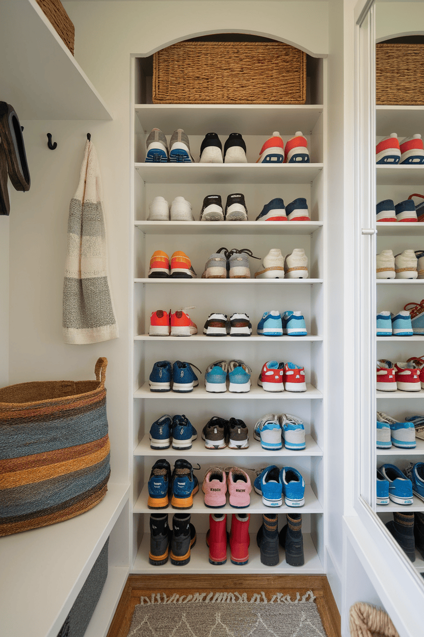 Image of a practical shoe storage solution in a small vestibule with several shelves on which different types of shoes are neatly arranged.