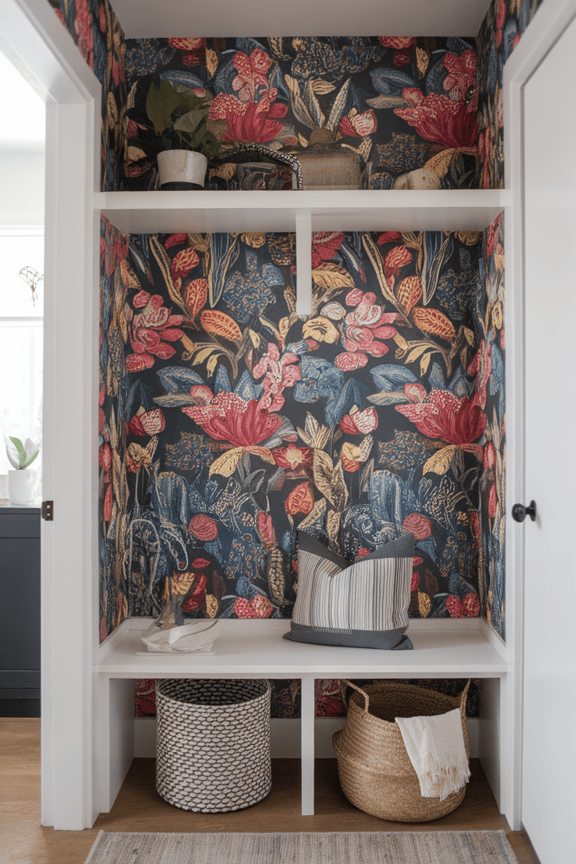 A small mudroom with a coat rack of jackets and scarves, a wooden bench and woven baskets for storage.