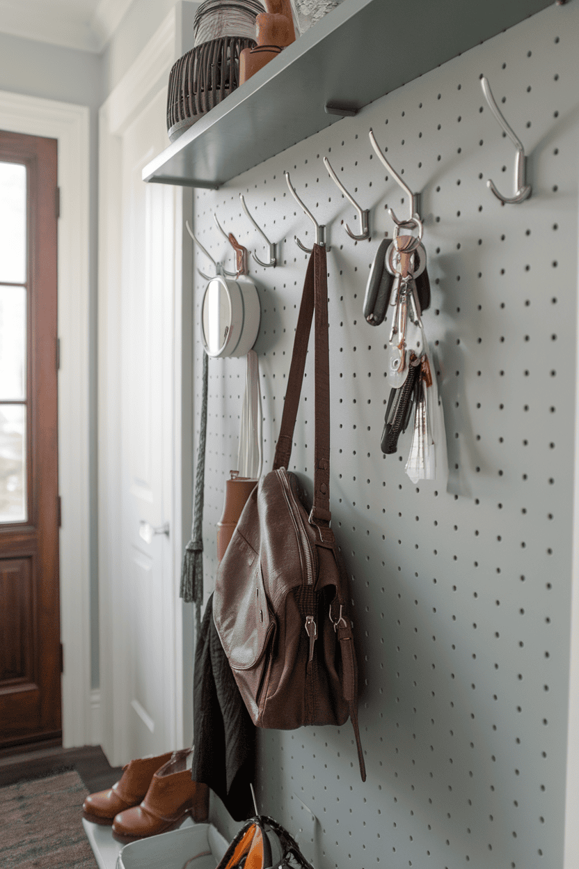 A pegboard organizing station in a tiny bathroom with hooks for bags and coats and shelves with plants and baskets.