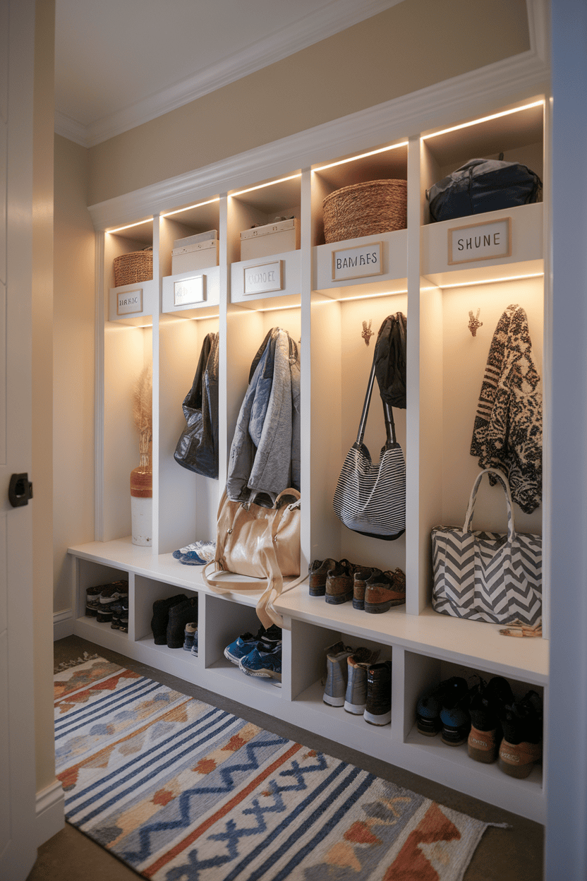 A stylish mudroom with storage space, hooks for coats and organized baskets, presenting a neat and functional entryway.