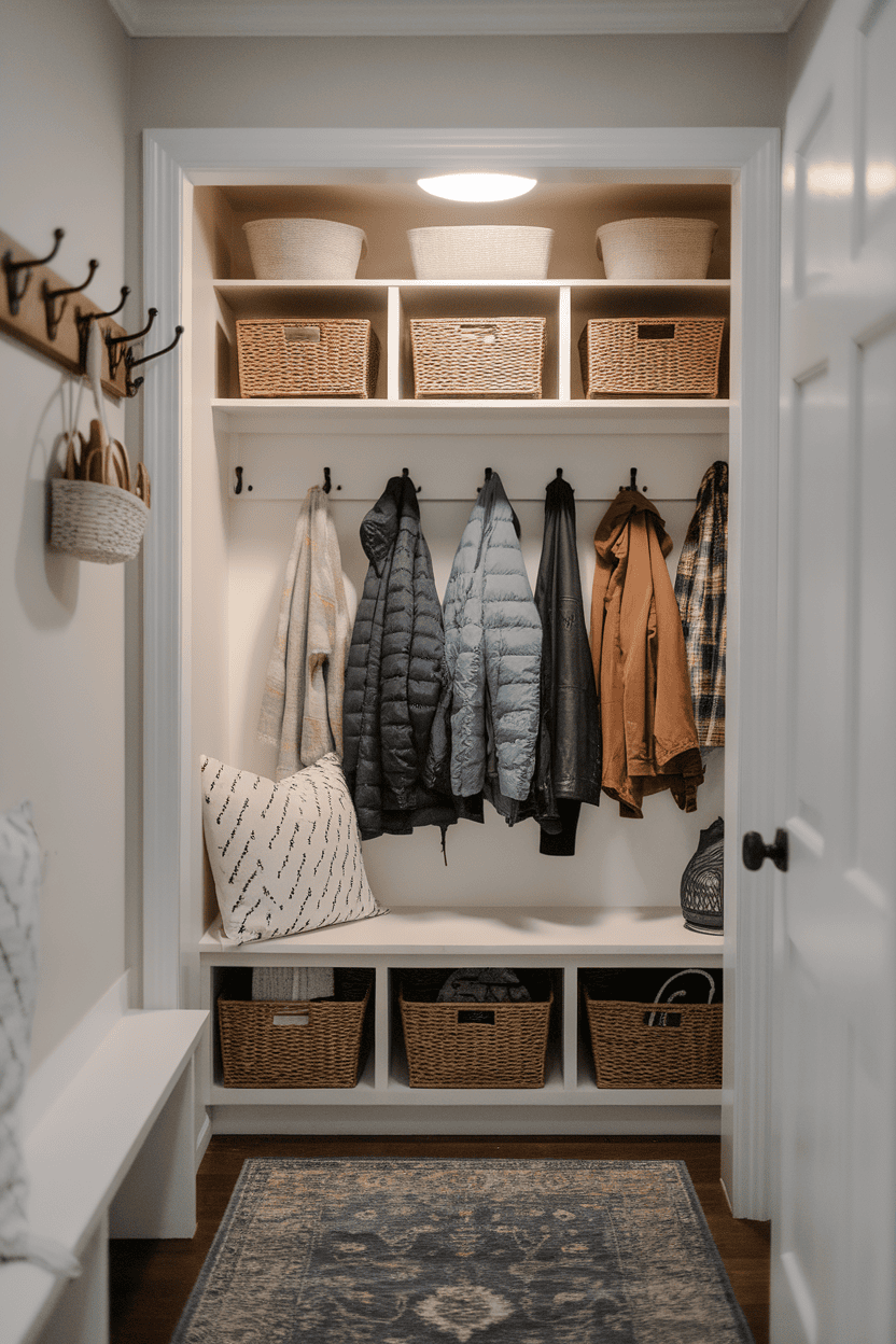 Organized coat closet with hooks for jackets, a bench and storage baskets.