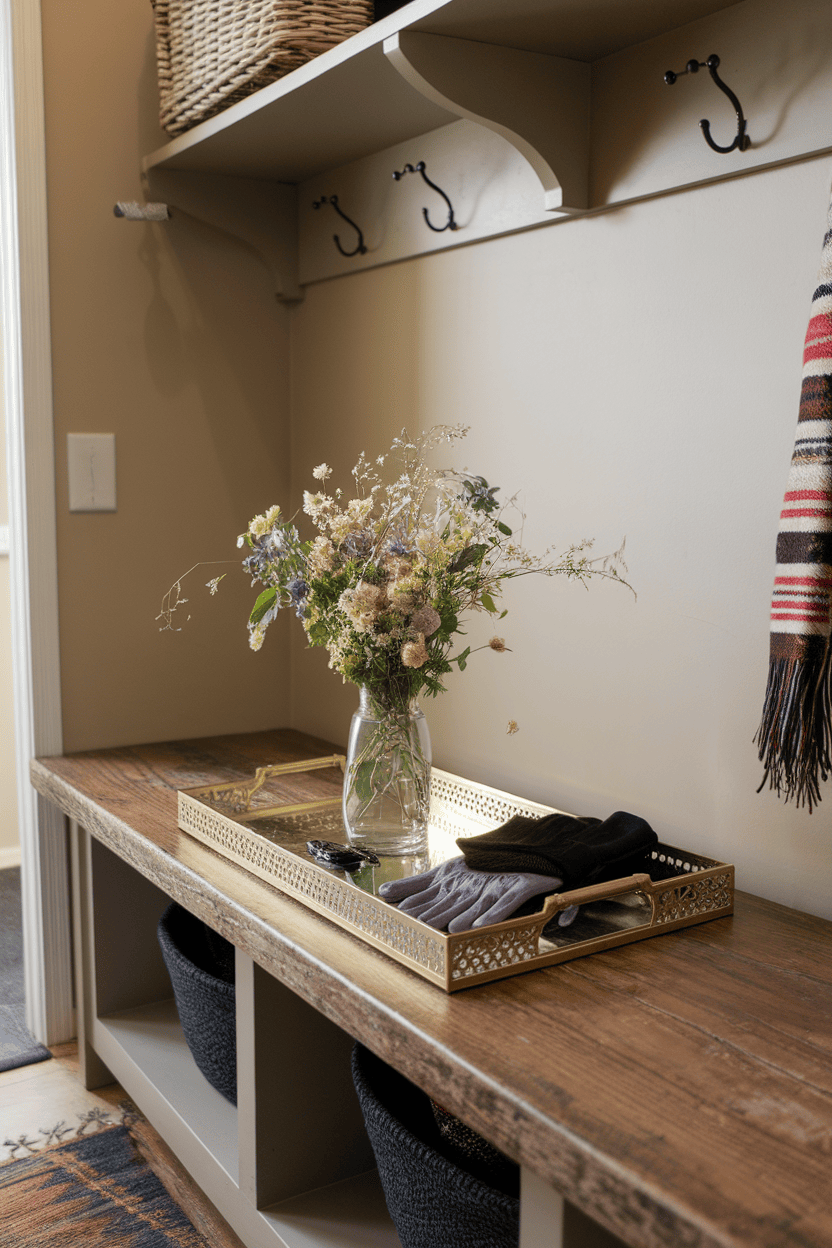 A cozy mudroom with a wooden bench, a gold decorative tray with gloves and a bouquet of flowers.