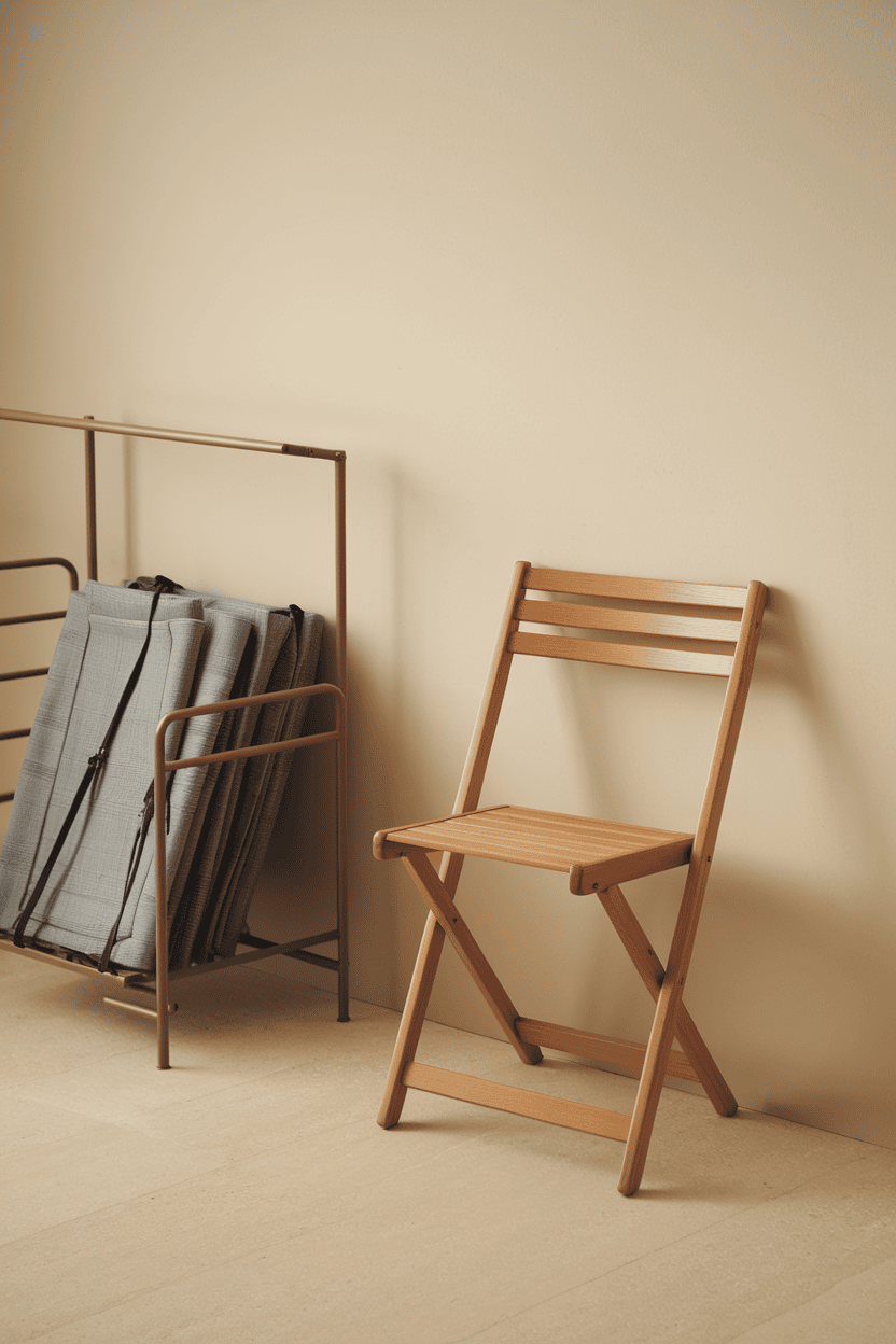 A cozy mudroom with a folding wooden chair, a clothes rack with hanging clothes, a potted plant and a storage box