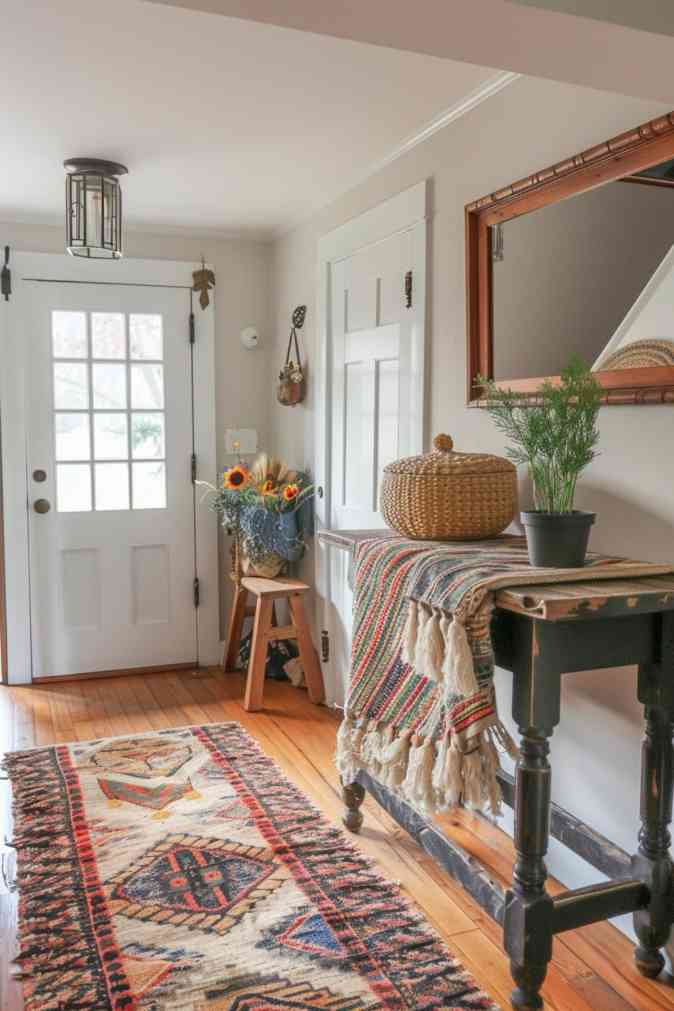 A bright entryway with a white door, a patterned carpet, a table with a plant, a basket and a blanket, a mirror above the table and a stool with a vase of sunflowers.