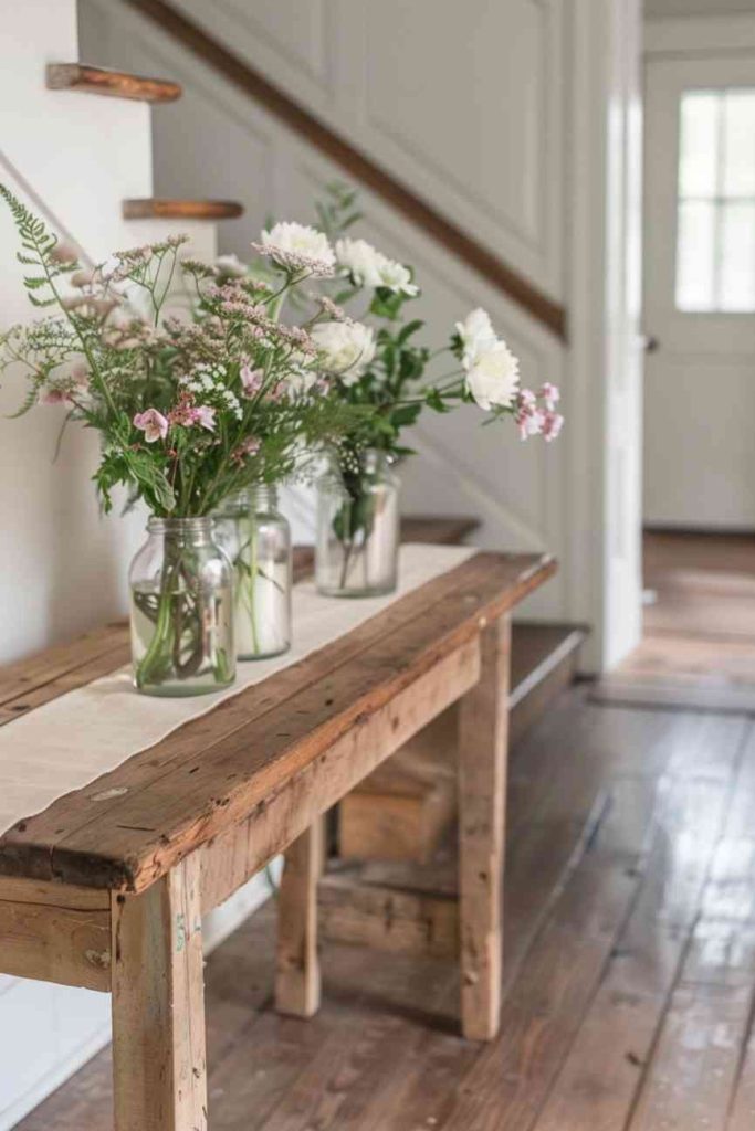 Delicate wildflowers in preserving jars give the robust wooden console a touch of meadow freshness and combine simplicity with the charm of nature. Place three glasses on a simple pastel runner and add charm and warmth to your entrance area.