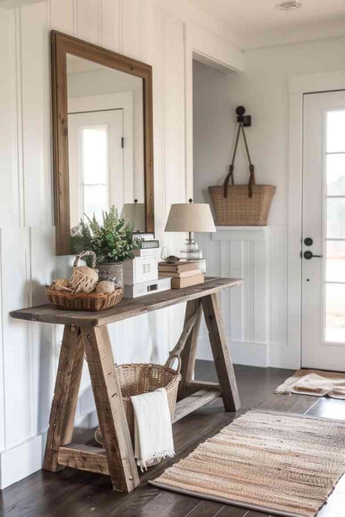 This entry table adds a captivating sense of nostalgia to the modern farmhouse entryway. The eclectic mix of vintage jewelry and <a href=