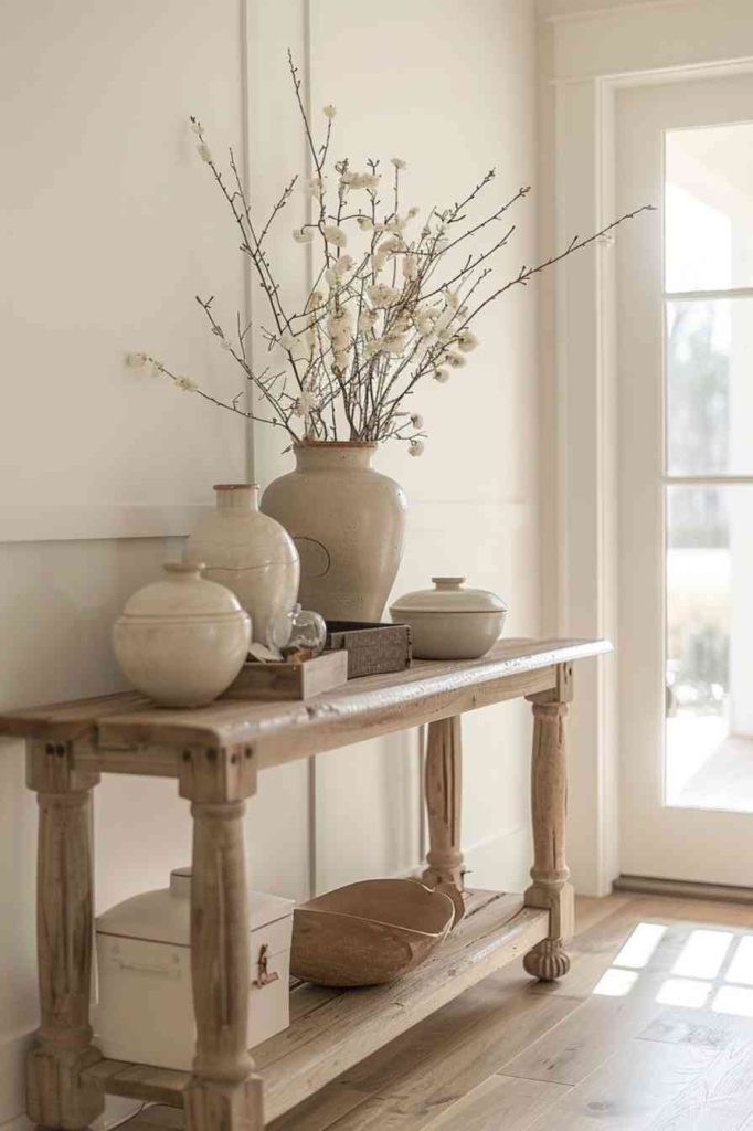 A soft color palette beautifully adorns this foyer table with a delightful selection of soft, calming neutrals, creating a tranquil atmosphere. The collection of earthenware vases and ivory curios elegantly complement the space and add a touch of understated elegance.