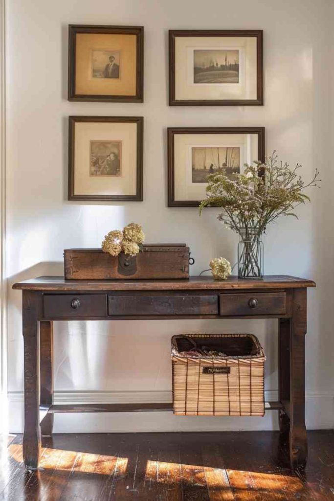 Sentimentality adorns this entry table with a deep sense of warmth, while treasured heirloom photos are lovingly presented in timeless wooden frames. Each photo tells a unique story of the past, filling the room with a rich tapestry of memories and history.