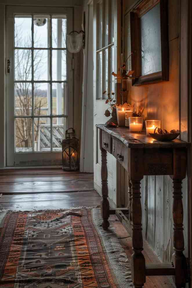 On this entrance table, soft candles glow on an antique wooden table, reliving the romance of past farmer's evenings in the embrace of the entrance area.