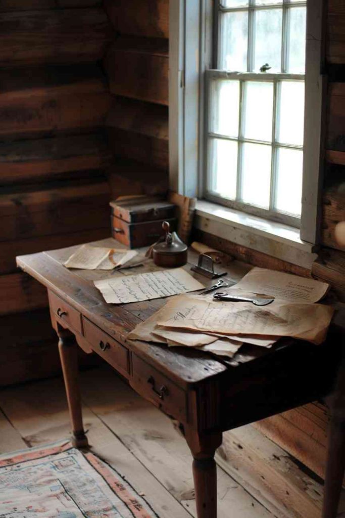 Neatly arranged vintage letter openers and inkwells on this entrance table pay homage to a more conscious rhythm of life and give the entrance area a sweet and charming vintage charm.