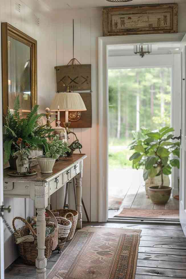 The rattan baskets, colorful houseplants and various decorations that adorn this entry table create an enchanting reception. They are all illuminated by the warm, inviting glow of the gilded lamp.  