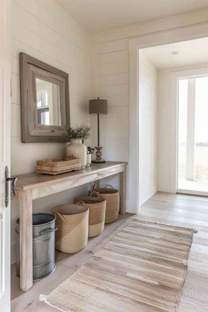 The farmhouse aesthetic seamlessly blends functionality with rustic charm as galvanized metal containers and woven baskets find their place beneath an elegant console table. This thoughtful arrangement not only exudes farmhouse appeal but also provides efficient storage solutions.