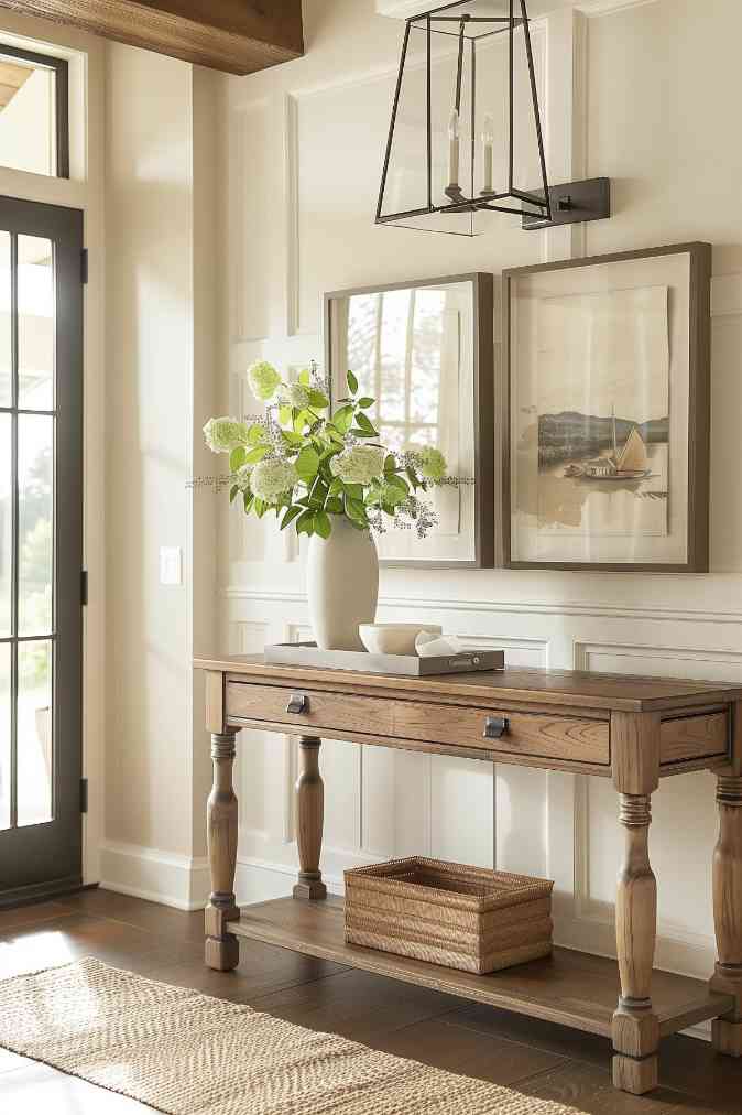 County accents bring a delightful blend of contemporary design and timeless country charm to the forefront, while sleek lines and fresh foliage adorn the console. This thoughtful juxtaposition seamlessly combines modern elegance with the treasured essence of the landscape.