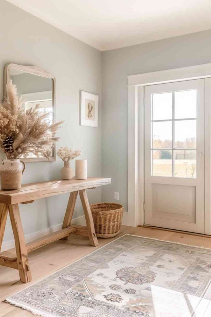 If your home has a simple but fairly neutral decor, this entryway table decor idea combines a wooden table with antique decor in muted colors to match the house.