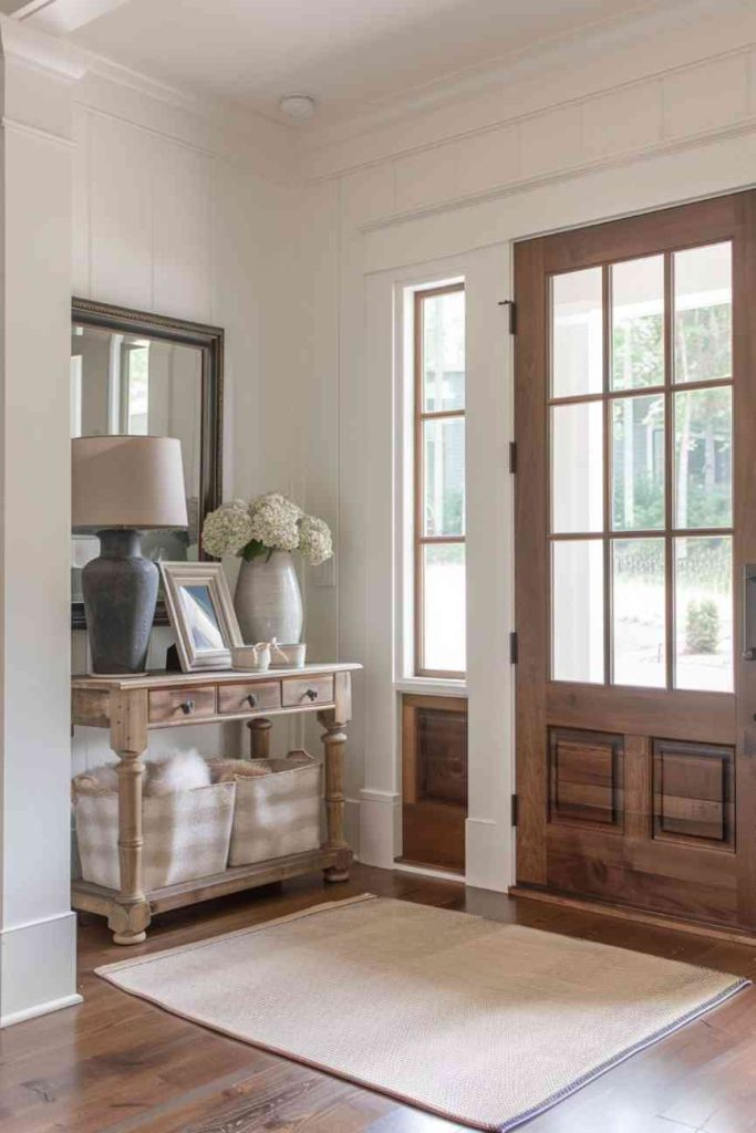 Checkered patterns on fabric baskets stored under the entry table add a playful and nostalgic charm to the room. These endearing patterns provide a delightful nod to the farmhouse aesthetic that is evident from the moment guests enter your home.