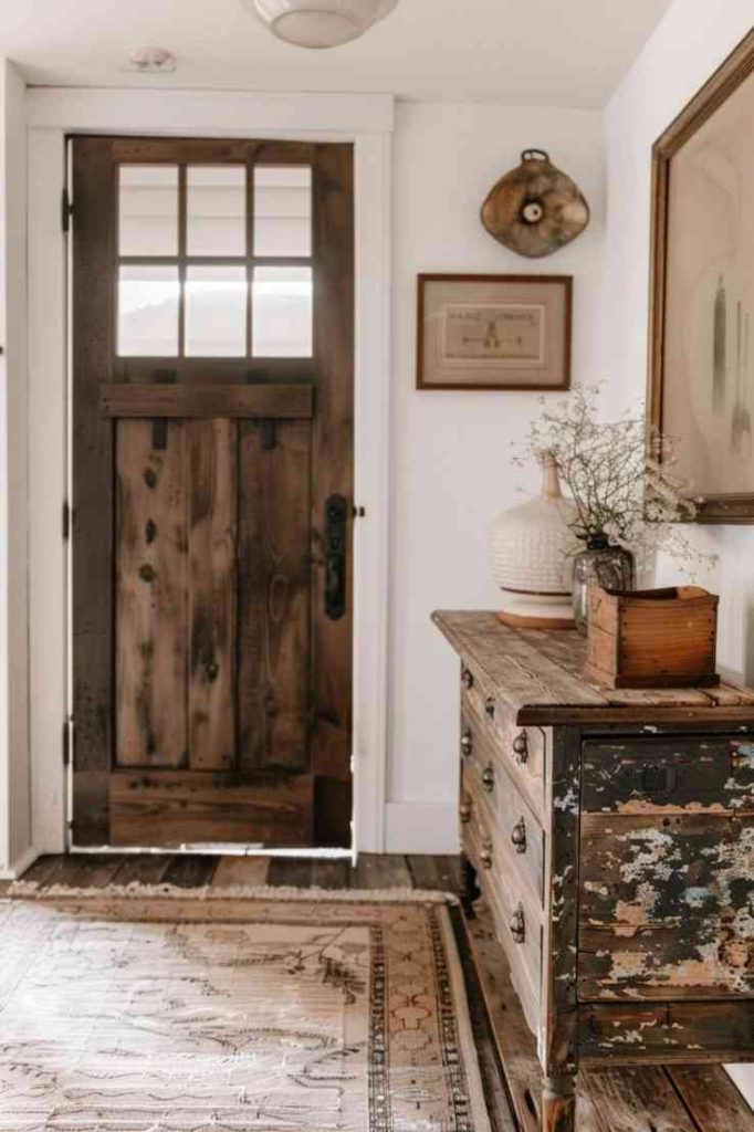 An antique console tells a story of timeless charm in its display of rural splendor. Besides, the table alone is a story. It has the timeless appeal of an antique console, its peeling layers of paint a testament to the enduring charm of the farmhouse aesthetic.