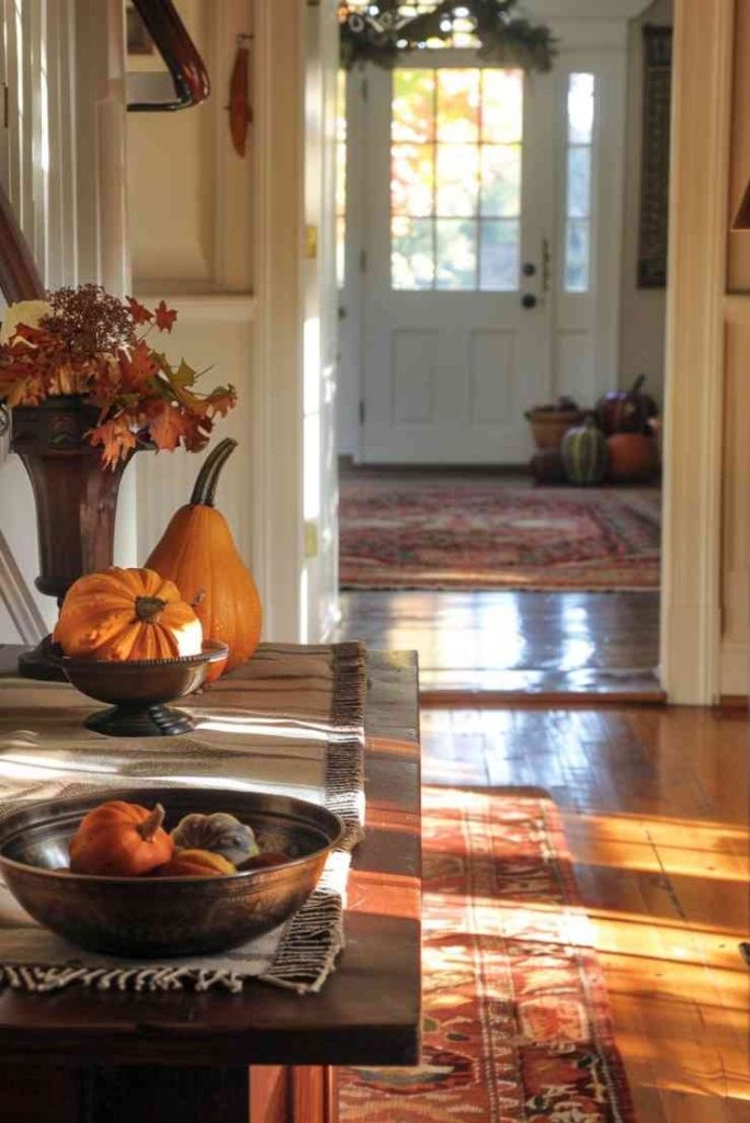 Warm tones reminiscent of harvest season radiate an entry table that welcomes you through the changing leaves and cooler days. The fall colored runner is the perfect canvas for a bronze bowl full of seasonal pumpkins.