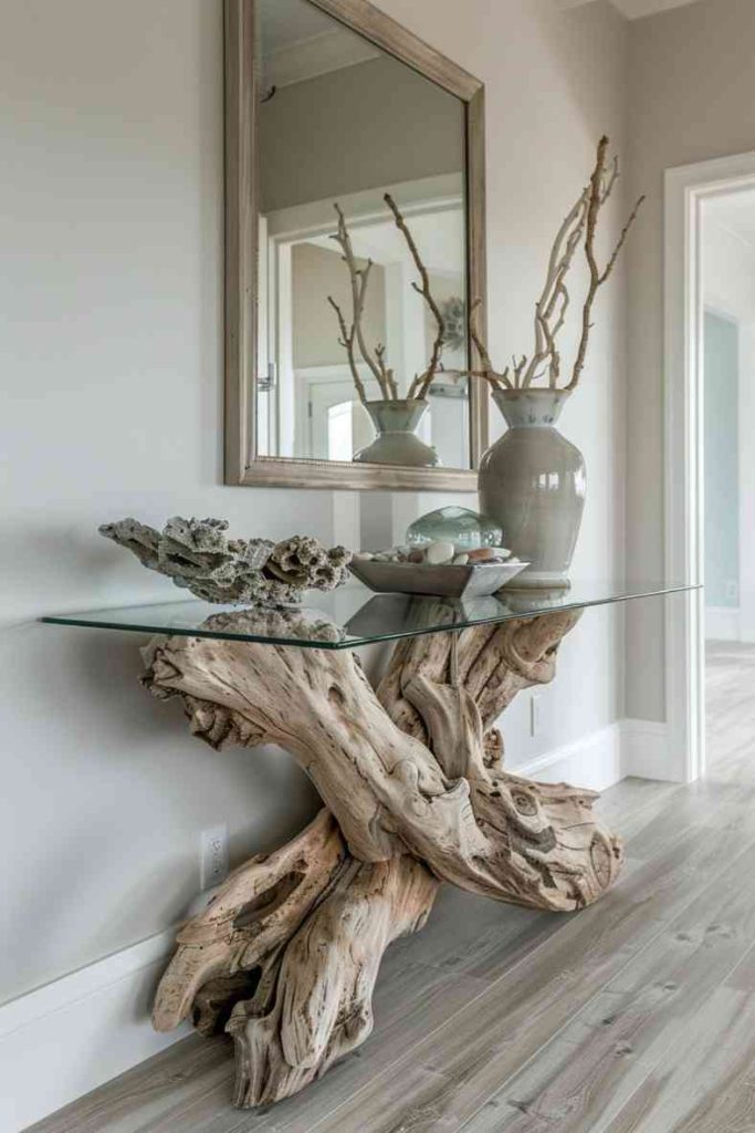 If you love the sea, you can definitely use coastal pieces in your farmhouse table setting. This table showcases sea glass and driftwood to create a coastal interpretation of farmhouse style on an entry table that whispers an ocean breeze.