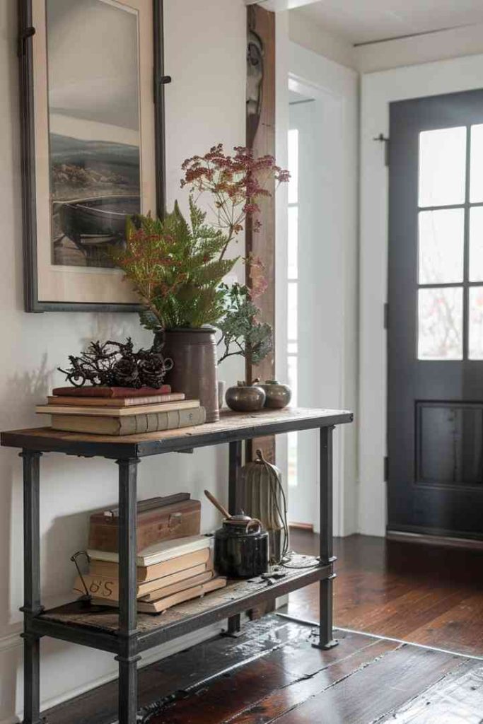 Seamlessly blending farmhouse warmth with industrial cool, this entry table features striking metal accents and a stack of weathered books. This captivating mix of contrasting elements gives the entryway a captivating sense of urban elegance and rustic appeal.