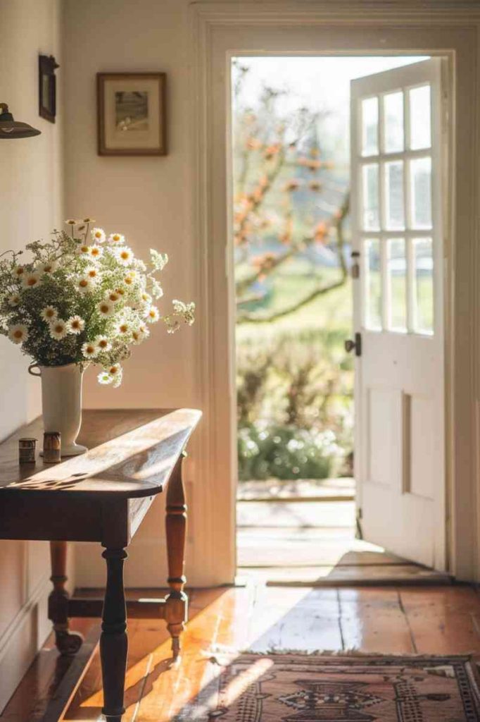 The morning light comes to life as the gentle sun beautifully reflects a bouquet of freshly cut daisies on the simple farmhouse entry table. This enchanting tableau evokes the tranquil beauty of daybreak on the meadow.