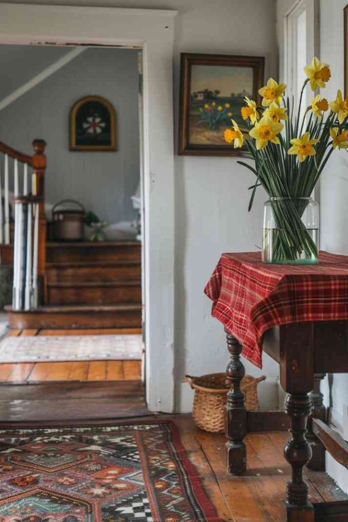 Classic red check makes an eye-catching statement and is the focus of this entrance setting. There is a small vase of yellow daffodils on top, giving the farm table a cozy and inviting atmosphere and the feeling of a fun picnic.