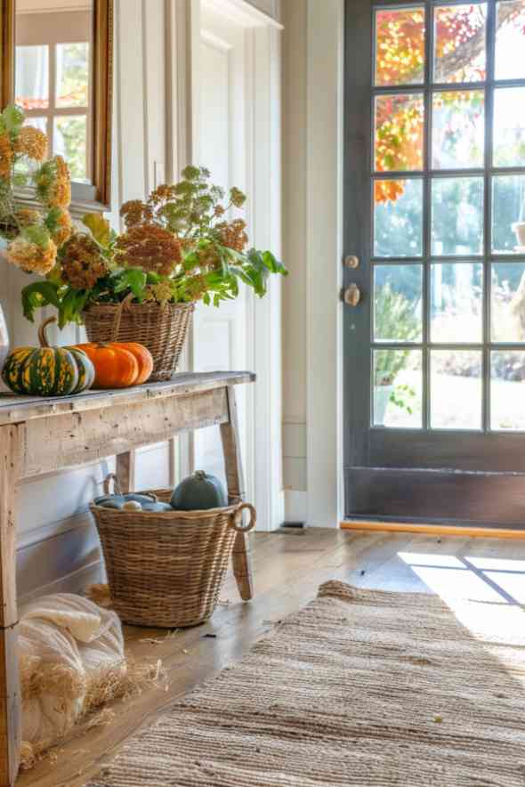 A woven basket overflows with the season's bountiful harvest and proudly displays a colorful array of colorful pumpkins next to the farmhouse's entry table. This delightful image is a testament to nature's generosity and the bountiful gifts of the season.