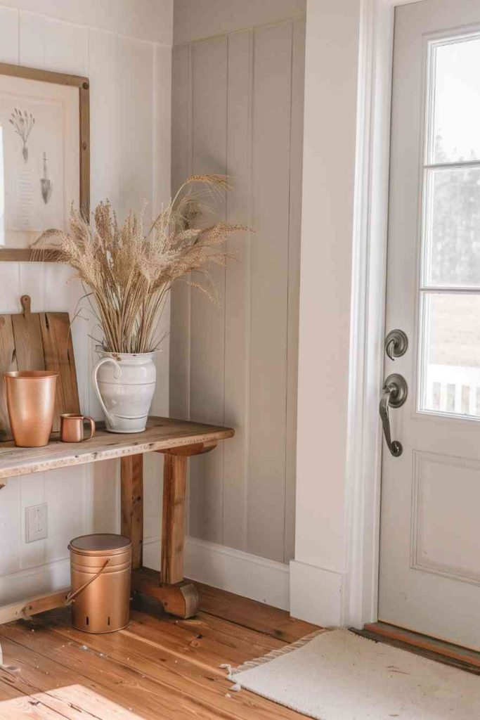 A sturdy entry table is adorned with copper cups and delicate wheat bundles that elegantly complement the <a href=