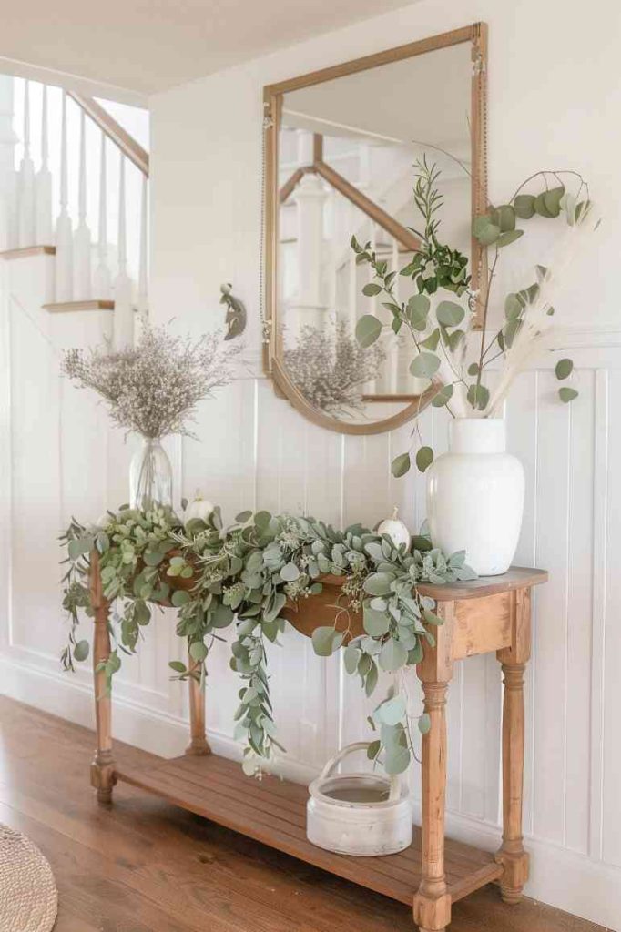 Create a tranquil and picturesque scene with garlands of dried lavender and eucalyptus gracefully draped over a classic entryway table. This enchanting display fills the room with the soothing scent of botanical delights.