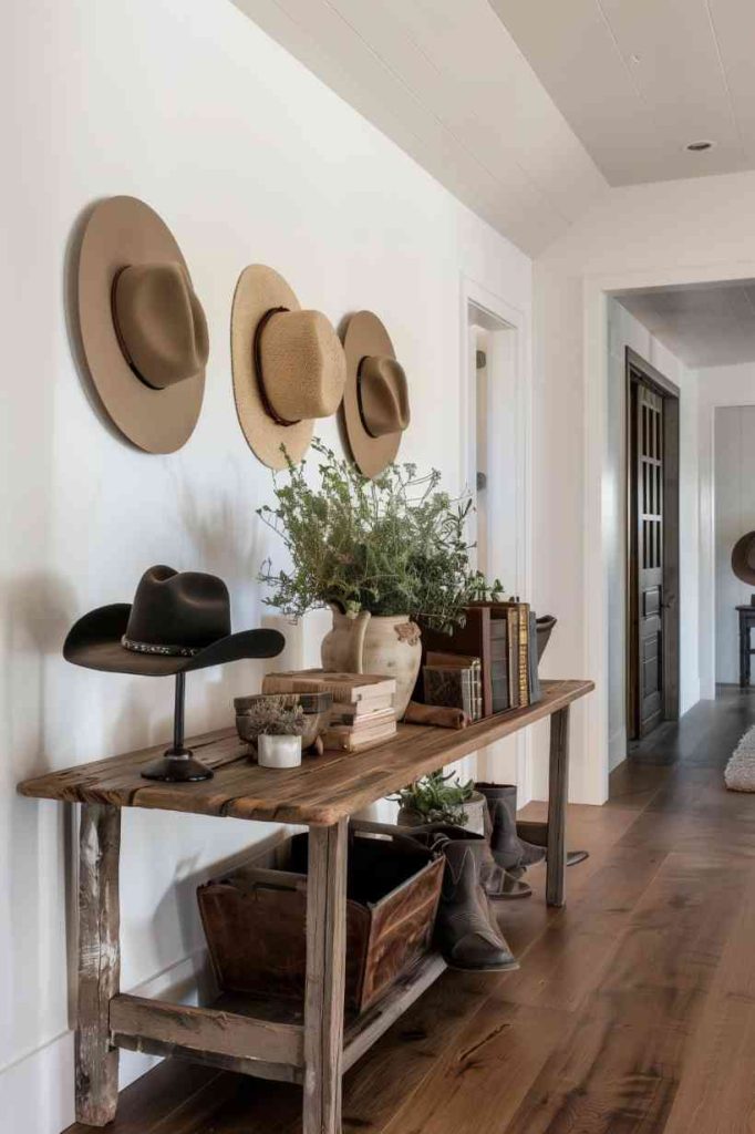 Do you love this pioneering spirit? Use it for table decoration in the entrance area of ​​your farmhouse. At this table, cowboy hats and leather-bound tomes line the entry table, a tribute to the rugged spirits that first inspired the farmhouse aesthetic.