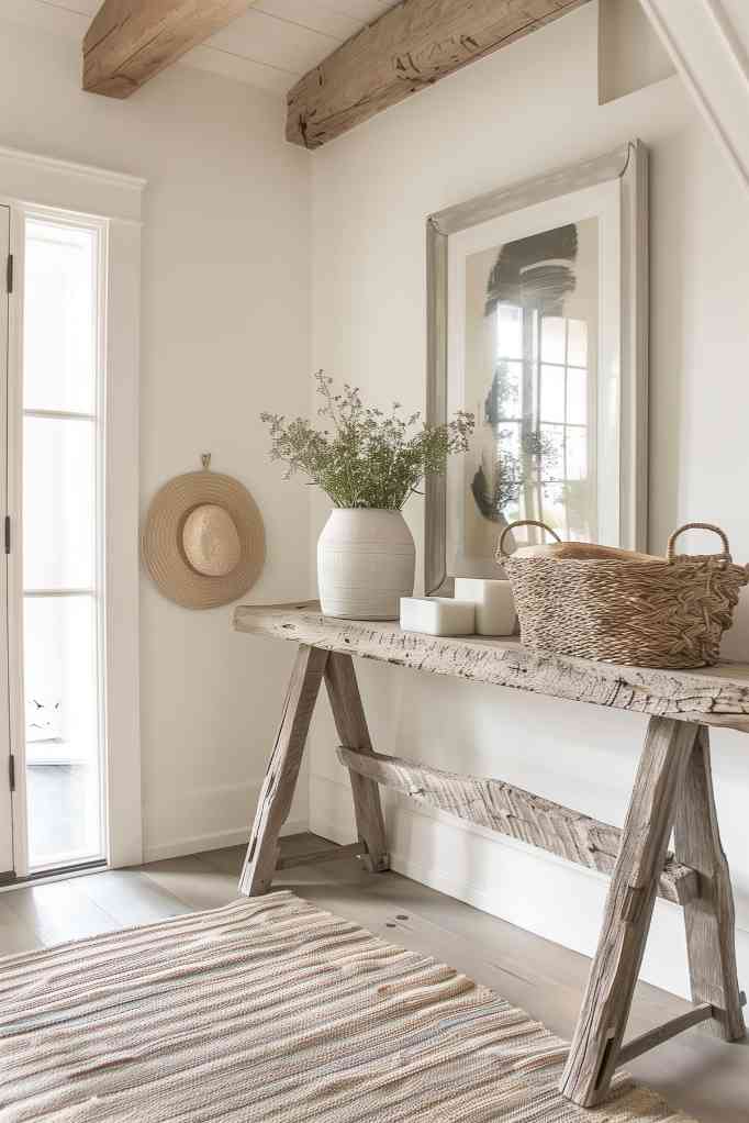 Textures seduce the senses in this farmhouse entryway - soft woven rugs and rough-hewn wood create an inviting tactile experience, and the neutral colors ensure it fits perfectly with the rest of your living space.