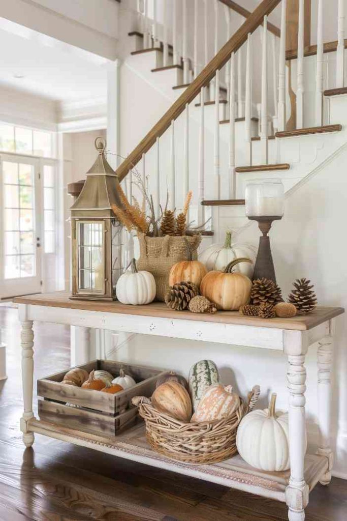 A carefully crafted vignette adorns the farmhouse entry table with an exquisite selection of pumpkins and pine cones, celebrating the beauty and bounty of the season with understated elegance.