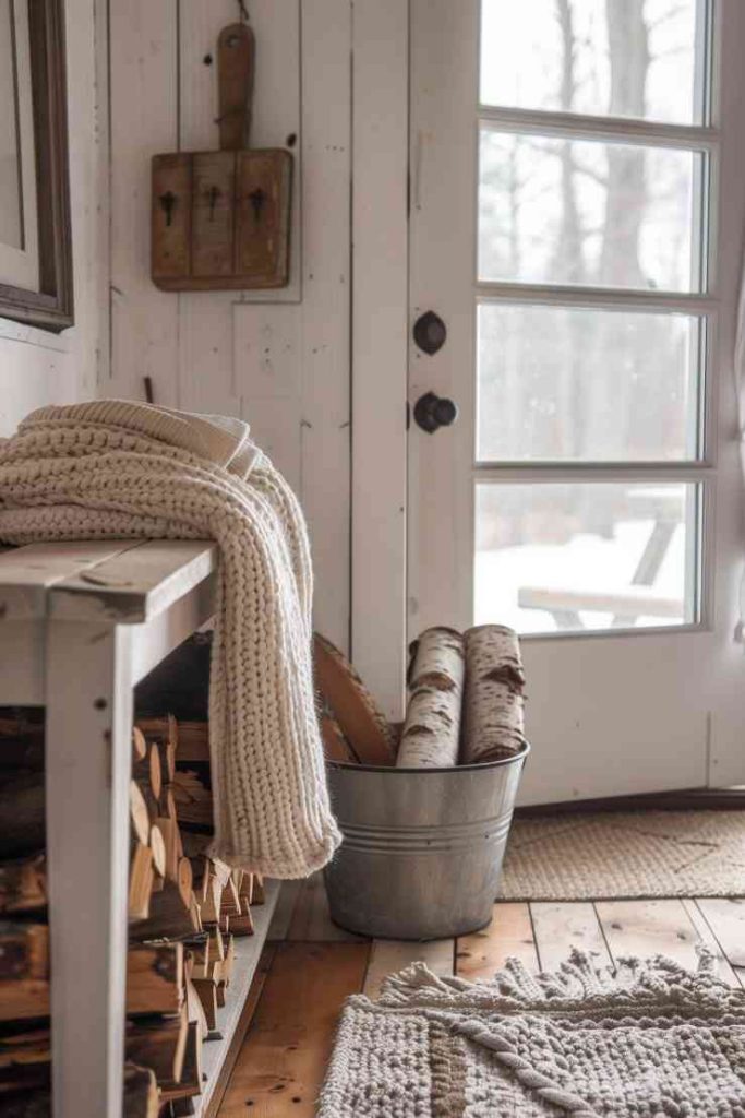 Next to the entrance table, a fluffy knitted blanket and a stack of logs in a galvanized metal tub evoke the coziness of a farmer's hearth.