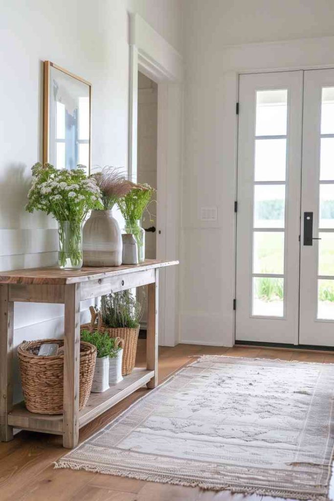 The use of plants is always a nice idea for table decoration in the entrance area. This entry table features a small conservatory with potted herbs and flowers, adding a delightful touch of natural beauty and tranquility to the room. 